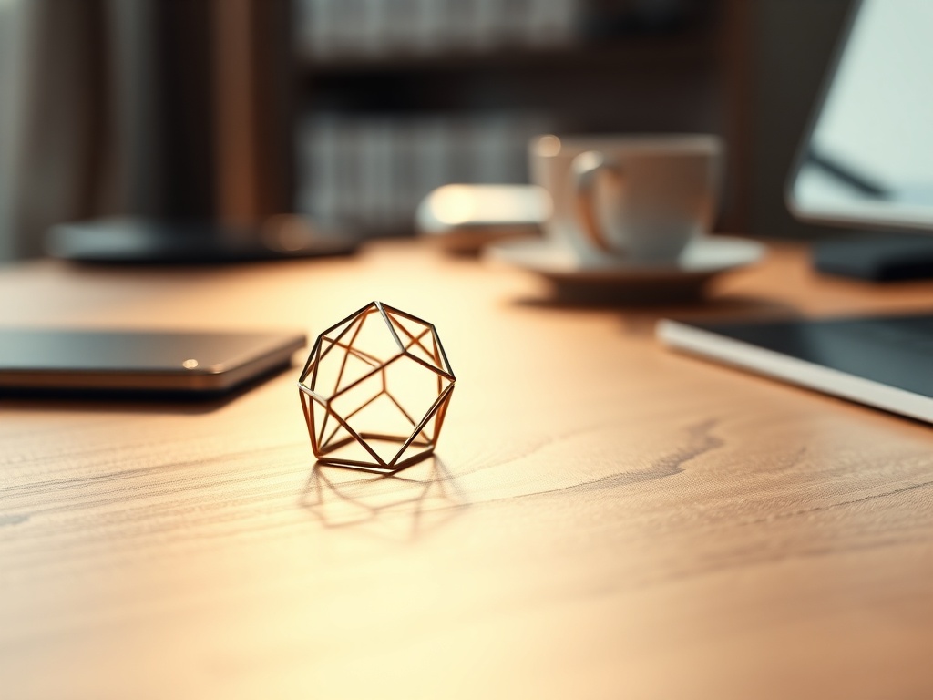 Close-up of a smooth, polished wooden desk with a small gold geometric sculpture catching light, blurred background with a coffee cup. High contrast, rich textures. Photorealistic, 8k, commercial photography style.